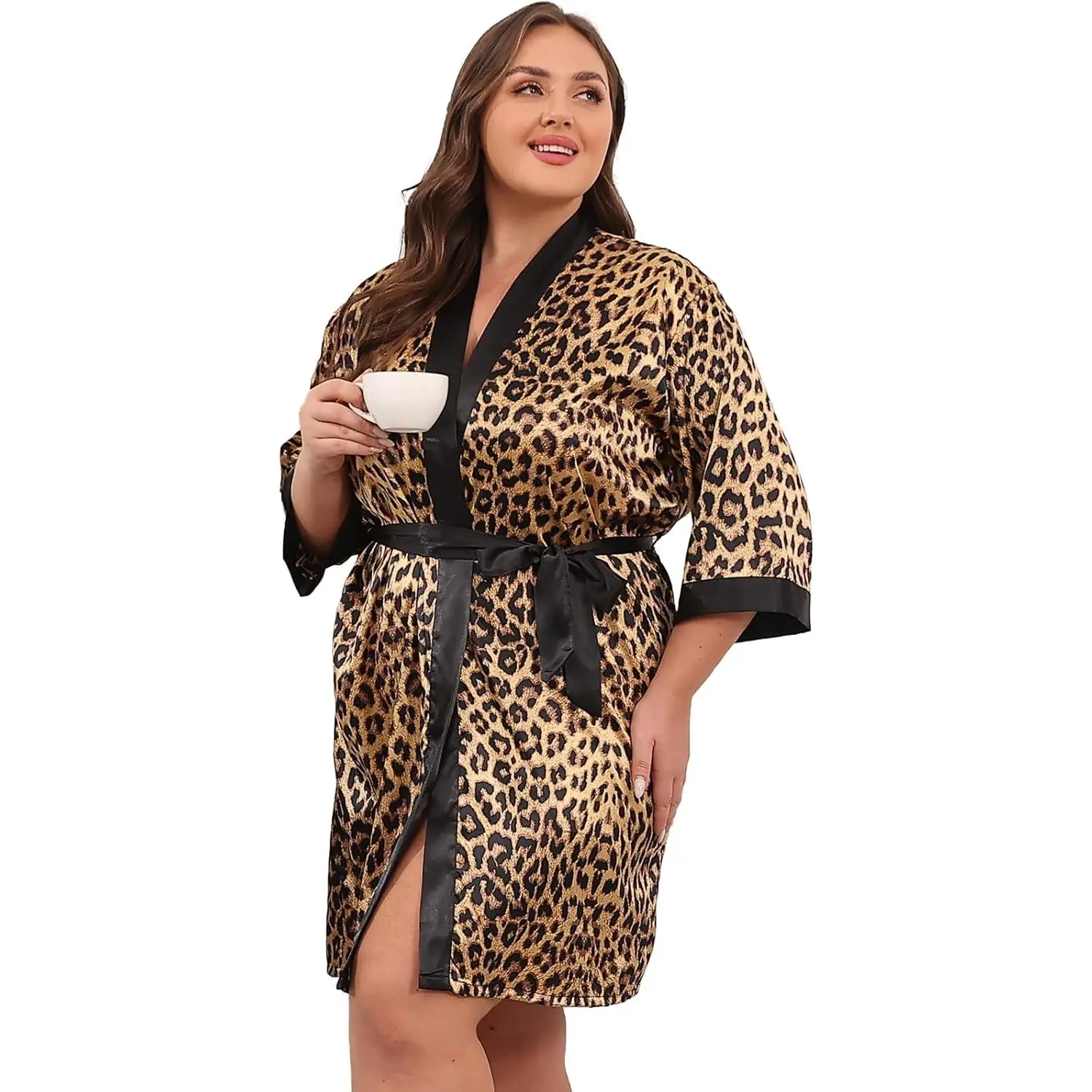 Taylor Eddie Womens Plus Size Silky Satin Kimono Robe Floral Short Bride Bridesmaid Bathrobe Soft Sleepwear
