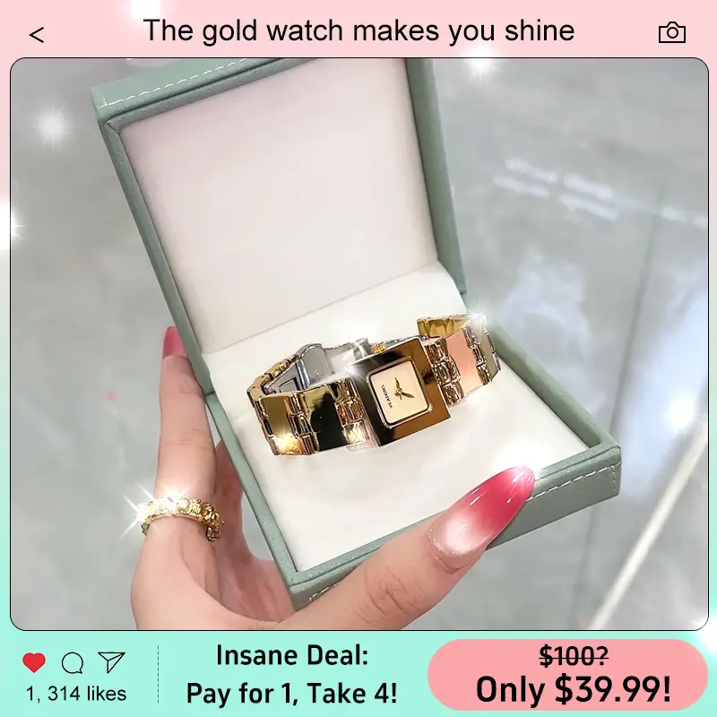 VEADONS minimalist luxury women's fashion watch, water-resistant quartz movement, simple scale, mini square dial, gold and silver tone, business casual style, love gift box, adjustable strap, elegant timepiece for day and night wear, trendy 2025