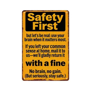 Hilarious Warning Aluminum Sign 12x8" | Safety First | No Brain No Gain