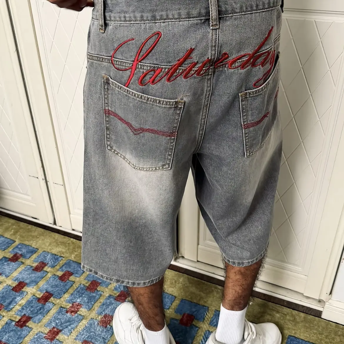 Men's Casual Loose Fit Wide Leg Jeans Shorts, Plain Color Pocket Design, Street Style, Comfortable Daily Wear, Trendy Denim Bottoms, Streetwear