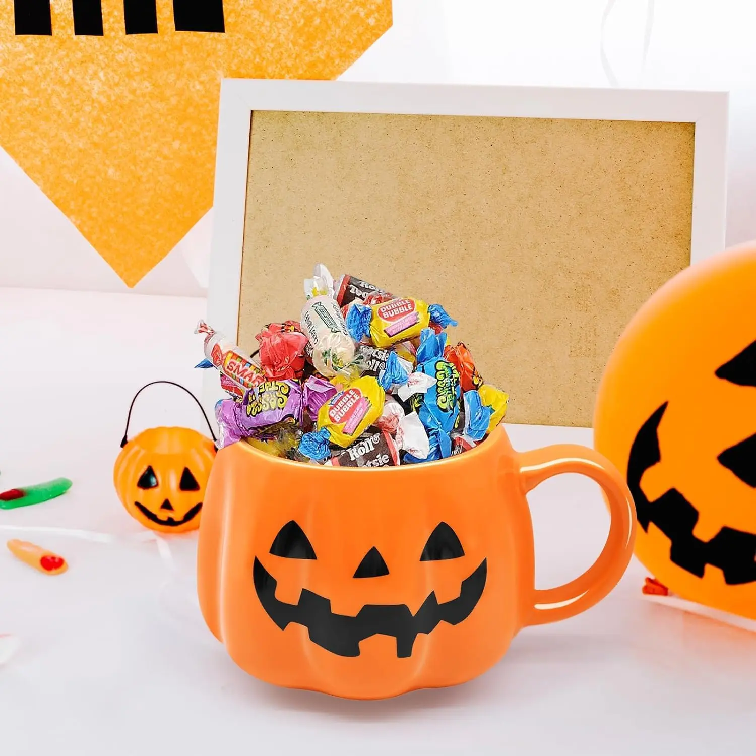 12 oz Halloween Pumpkin Mug, Ceramic Cute Pumpkin Coffee Cup, Black Face