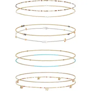 8Pcs 31.5 Inches African Waist Bead Chain Elastic Belly Beads Butterfly Shell Layered Body Chain Colorful Jewelry Accessories for Women