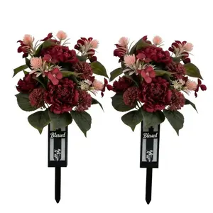 Red Cemetery Flowers for Grave: 2 Pcs Peony Grave Flower Bouquets for Cemetery Decorations - Spring Outdoor Gravesite Flowers with Vase for Mother's Day