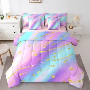 Ombre Comforter Bed Set,7 Pieces,Purple Blue Golden Bed Bag,Colorful Gradient Bedding Set with Comforterssheets,Pillowcases  Modern Abstract Bedroom Bed Set