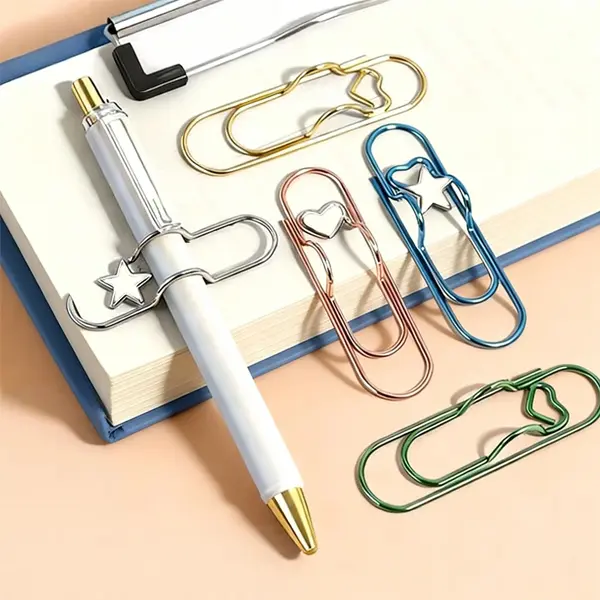 9 Pcs Heart Shaped Metal Pen Clip - Heart, cross, five-pointed star,Portable Large Size Holder,for Notebook, Planner Accessories,Book Journal Office School Accessories