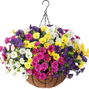 12 counts Colorful Trumpet Flowers with Hanging Basket, UV Resistant Realistic Flowers, Plastic Faux Flowers, Home Garden Balcony Courtyard Outdoor Decor