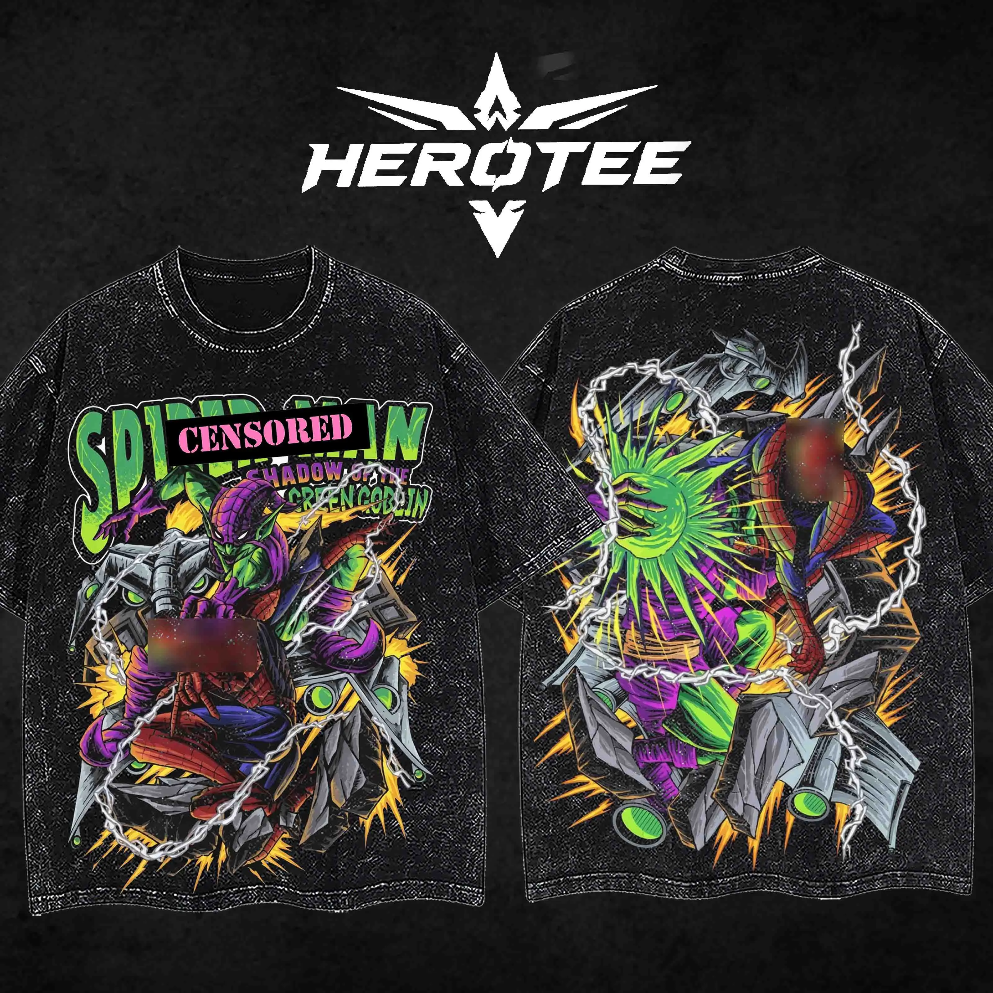 [ Hero Tee ] The Supervillain Green Goblin "Norman Osborn" Spidey-man Superhero MCU Comics Edition Double Printed Oversize Lightweight Acid Washed Tee Hoodie Sweater TV Series Graphic Design Top Cotton Streetwear Comic Superheroes T-Shirt Clothes Menswear