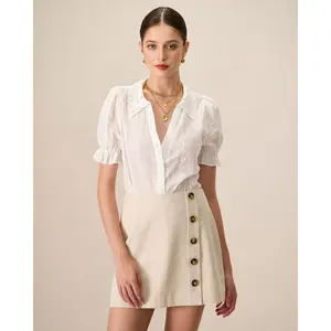 Women's White Collared Lace Embroidery Cotton Blouse