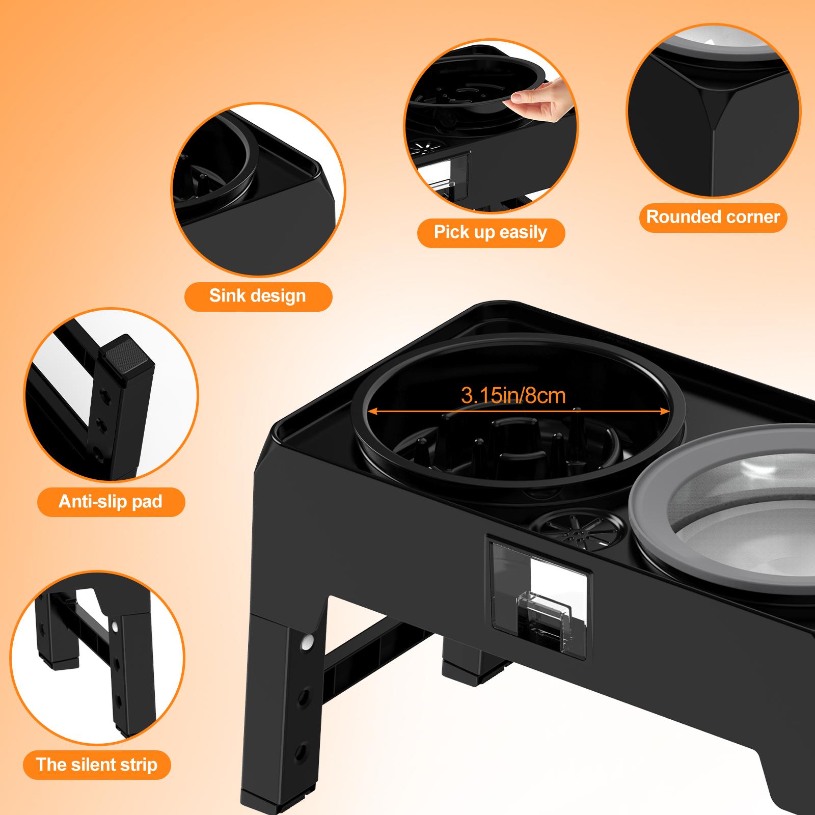 4 Height Adjustable Raised Dog Bowl Stand with Slow Feeder & No-Spill Water Bowl | Foldable Design | Elevated Feeder for All Dog Sizes