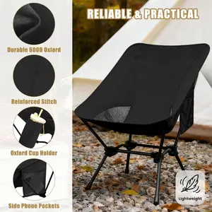 [Ultralight Camping Chair] Ultralight Portable Folding Camping Chair | Compact Design with Cup Holder & Storage Bag for Hiking, Travel, Picnic, Mountaineering - Black