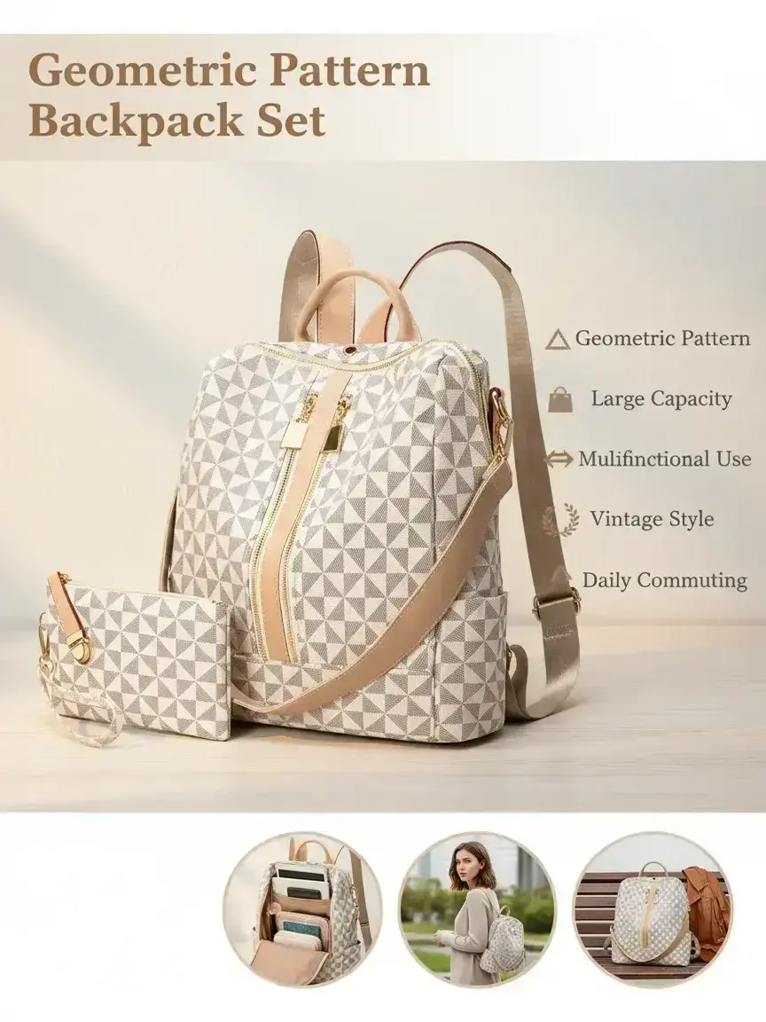 Fashionable Geometric Pattern Backpack & Wallet Set, Large  display picture 3
