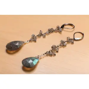 Labradorite Earrings Dangling Oxidized Silver Wire Wrap Faceted Pear Drop with Clusters in Gun Metal Leverback, Boho, Handmade, Gift