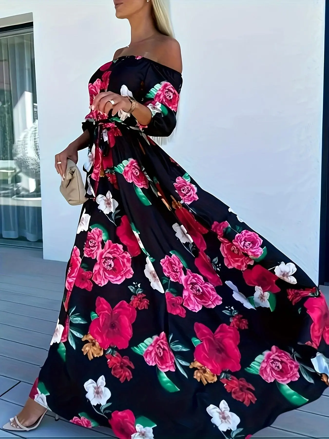 Women's Floral Print Off Shoulder Belted A Line Dress, Boho Fashion Bishop Sleeve Maxi Dress for Daily Holiday Vacation Wear, Ladies Dress for Summer, Bohemian, Casual Classy Dress, Casual Dresses, Bohemian Style Dresses