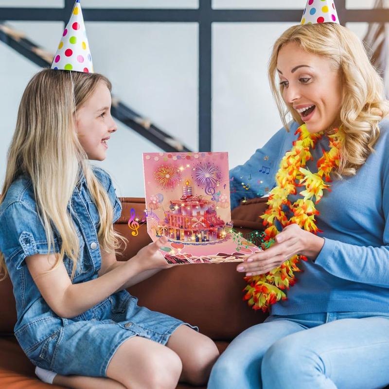 Cake Fireworks LED Candle Lights, 3D Birthday Card with Music and Colorful Lights, Musical Happy Pop-Up Birthday Card, Musical Birthday Gift Card for Kids, Wife, Husband, Grandpa, Grandma, Daughter, Son - Pink, Birthday Gift