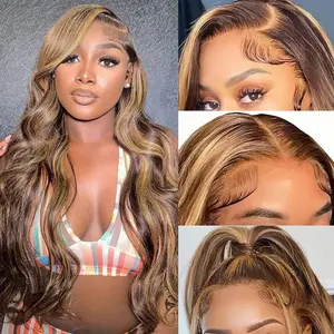Honey Blonde Ombre Lace Front Wig Human Hair Highlight Body Wave 13X6 Lace Front Wigs Human Hair Pre Plucked HD Frontal 180 Density Glueless 4/27 Highlighted Human Hair Wig 24 Inch