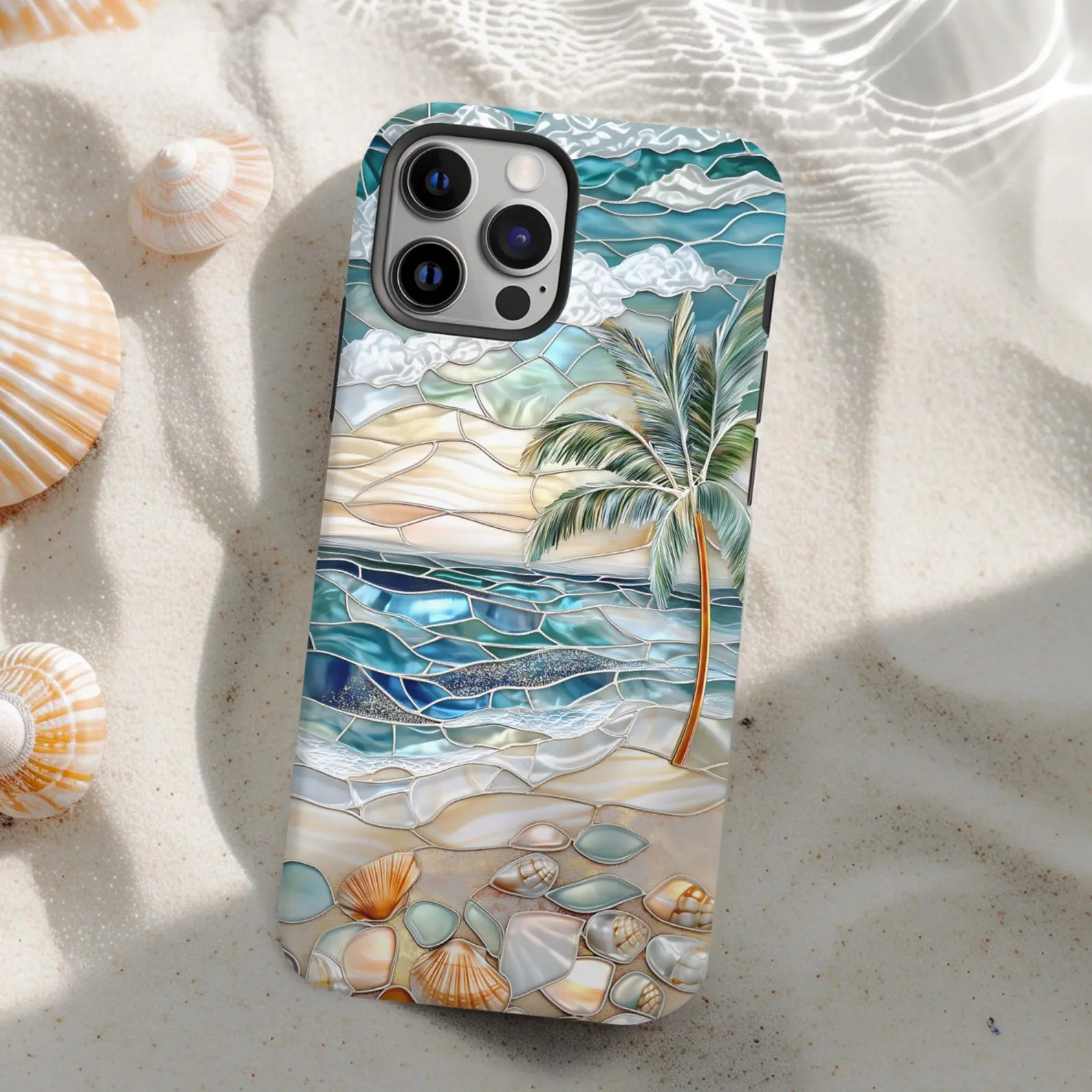 Stained Glass Ocean Waves Phone Case | Coastal Seashell Tropical Art | Case for iP 11 12 13 14 15 16 17 Pro, Plus, Pro Max, Samsung S21 S22 S23 S24 S25 Ultra | Tough Case | MagSafe Case