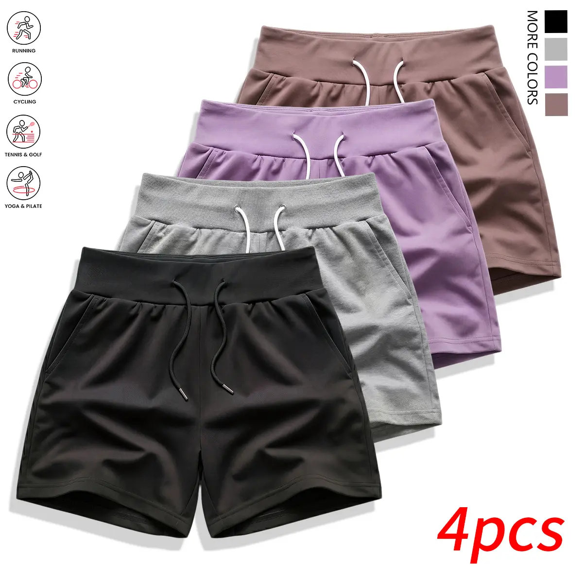 Women's Athletic Shorts, 4-Pack Minimalist Solid Color Quick-Drying Sweat Shorts with Drawstring Waist for Workouts & Everyday Wear