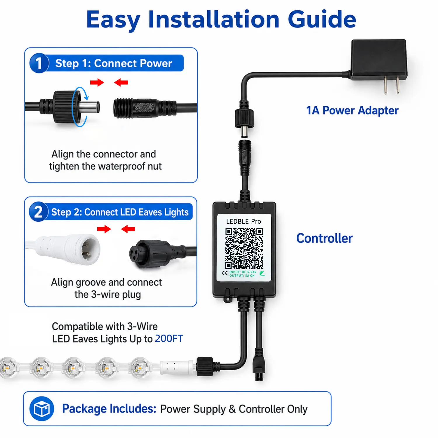 LED EAVLE Pro Controller & 1A Power Adapter Kit, Replacement Accessories for 3-Wire LED Eaves Lights, Compatible Up to 200FT, Power Supply & Controller Only (NO Lights Included)