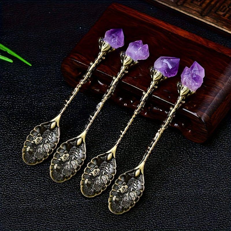 1/2/4/7pcs Natural Amethyst Flower Coffee Spoons Decorative Tea Spoons, Purple Crystal Spoons,Vintage Carved Spoons Dessert Spoon Ice Cream Spoons Hand Polished Raw Stone Crystal,Lucky home