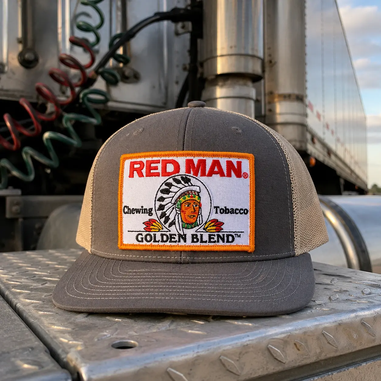 RM Golden Blend Embroidered Trucker Hat, Vintage Chewing Toobacco Patch Mesh Snapback Cap, Retro Western Hat, Adjustable Gift for Men