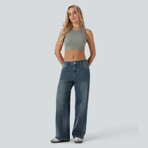 Halara Halara Flex Low Rise Multiple Pockets Baggy Wide Leg Washed Stretchy Knit Casual Jeans