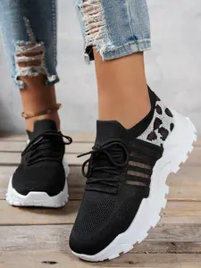 Women's New Casual Sports Shoes, Leopard Print Letter Pattern Thick Sole, Lace-Up Low Top Daily Wear, Fashionable Versatile Commute Shoes, Sneaker, Mesh Casual Sneakers