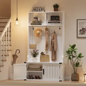 76" Hall Tree with Shoe Storage & Bench, Farmhouse Wood 4-in-1 Entryway with Coat Rack & 5 Tri-Hooks, Adjustable Shelf, White Mudroom Bench with Storage Seating, Metal Corner Protector,Space Saving, White