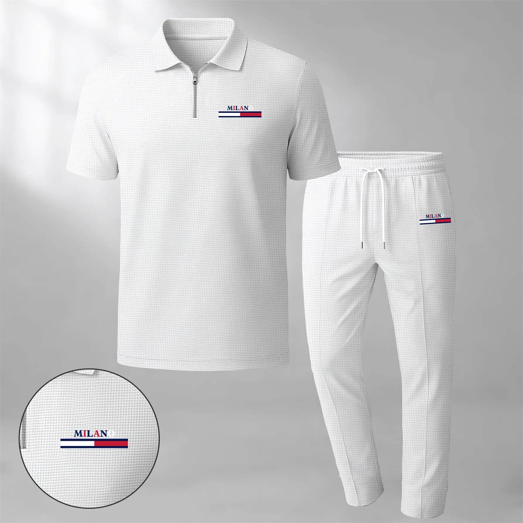 Men's MILANO Print Zip-Up Collar Short-Sleeve Polo Shirt And Pants Two-Piece Set, Made With Waffle Knit Fabric, Breathable And Comfortable, Soft Texture, And A Relaxed Fit, Suitable For Everyday Casual Wear.