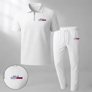 Men's MILANO Print Zip-Up Collar Short-Sleeve Polo Shirt And Pants Two-Piece Set, Made With Waffle Knit Fabric, Breathable And Comfortable, Soft Texture, And A Relaxed Fit, Suitable For Everyday Casual Wear.