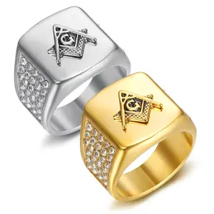 Golden Square Freemason Ring Vintage Fashion Stainless Steel Men's Ring, Anniversary Gift, Suitable for Daily Party and Banquet Jewelry Wearing