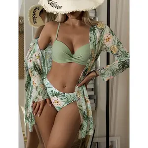 3pcs Floral Print Push-Up Bikini and Kimono Set