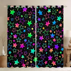 Kawaii Curtains,Rainbow Glowing Star Curtains,Psychedelic Space Cosmos Blackout Curtains,Colorful Neon Light Curtains,Cute Window Treatment