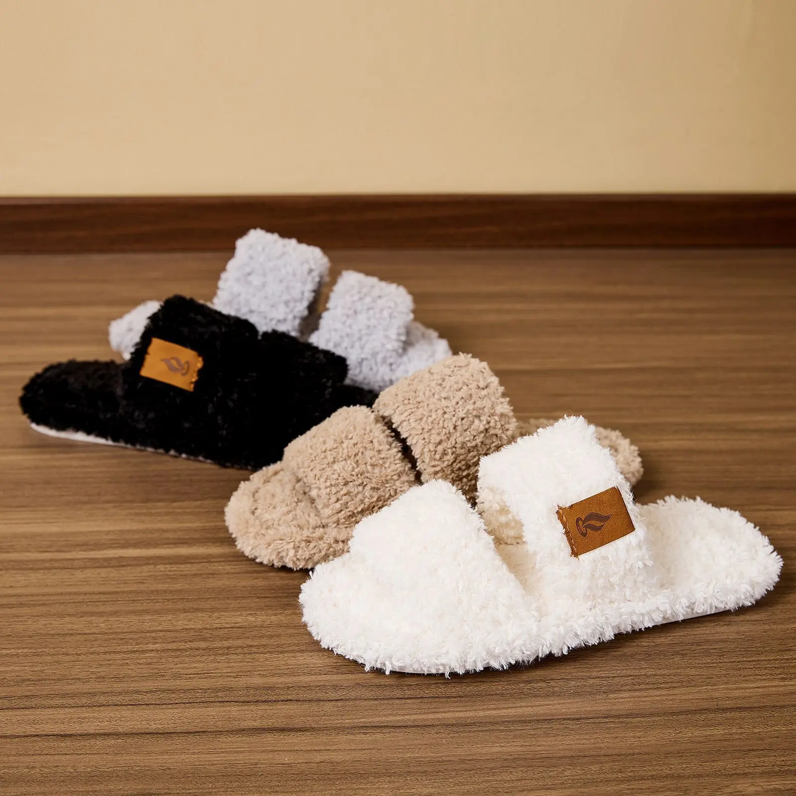 Women's Solid Color Slippers, Comfortable Plush Criss Cross Open Toe Slip On Shoes for Home Wear with Non-Slip EVA Rubber Sole, Wool, Casual Slipper, Black, Open Toed Slippers, 3D Fluffy Women's Home Slippers