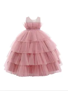 Girl's Bow Decor Tiered Layer Tulle Formal Dress, Layered Tulle Dress, Elegant Beaded Zipper Back Sleeveless Round Neck Tutu Dress for Party Performance Wedding Guest, Kids Clothes for All Seasons