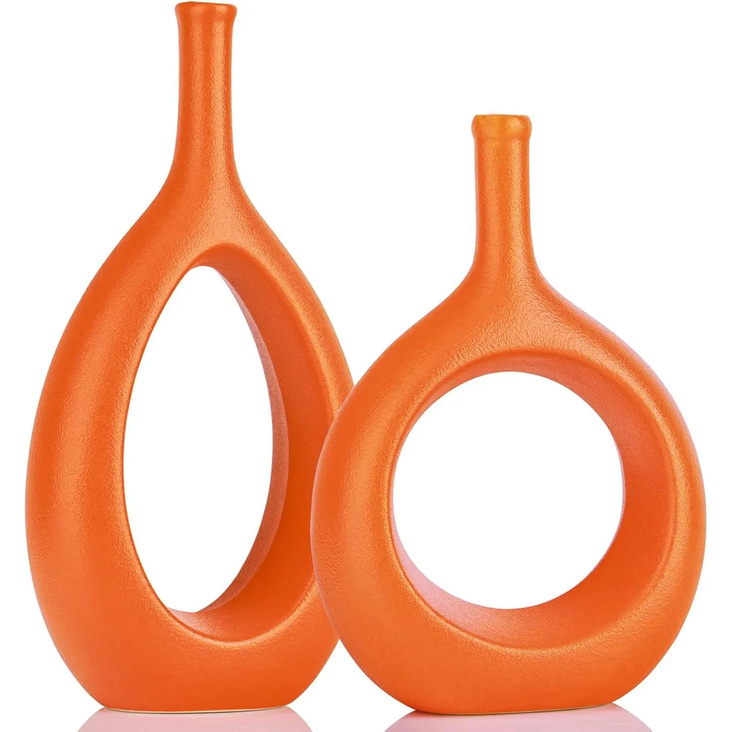Orange Ceramic Hollow Elliptical Vase Set of 2 - Boho Circle Vase with Hole, for Modern Orange Table Decor, Living Room Decor Shelf mid Century Modern Home Entrance Decorative vase