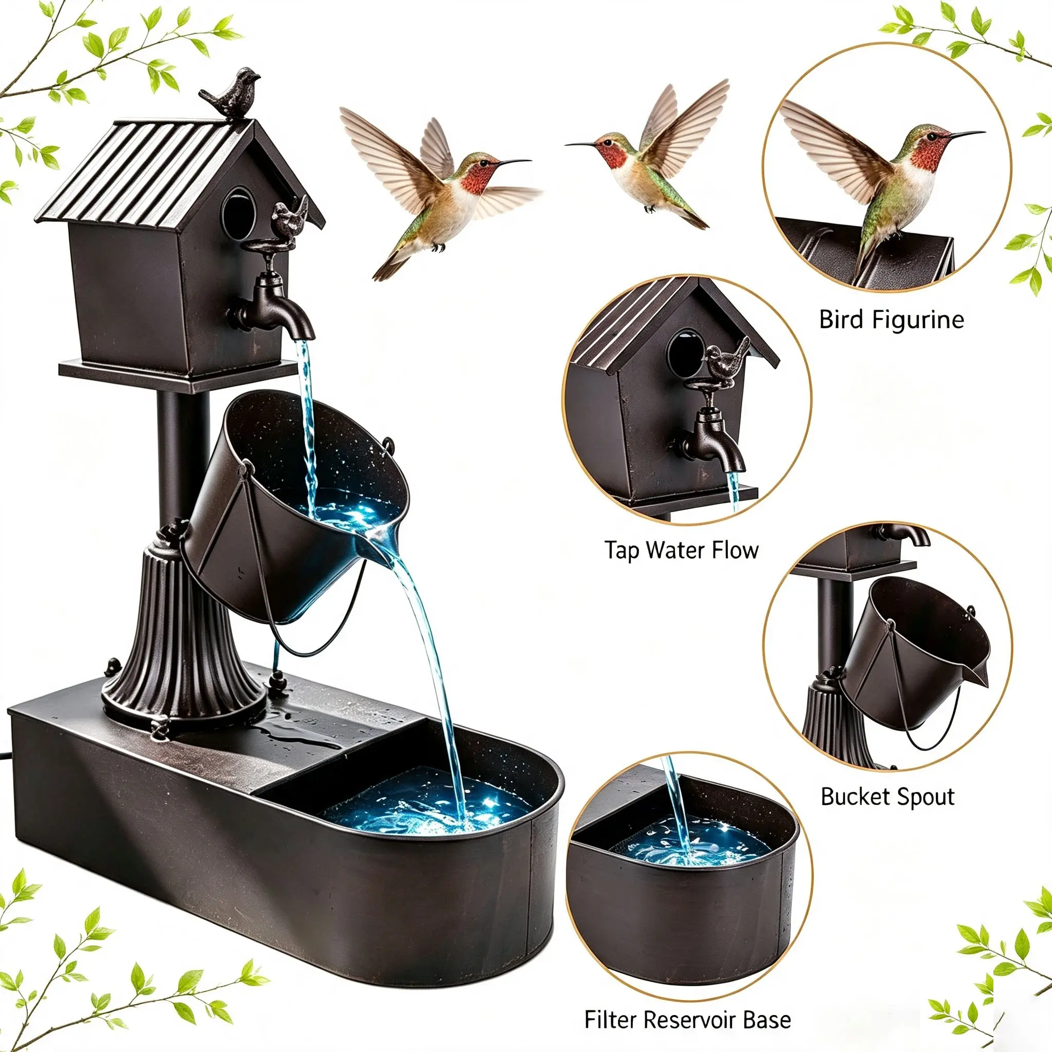 Rustic Metal Birdhouse Tabletop Water Fountain with Blue Flowing Water, Hanging Bucket Decorative Water Feature for Indoor Home Decor