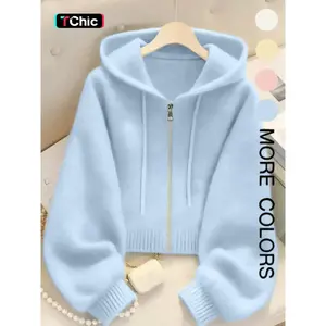 Long Sleeve Loose Knit Hoodie with Zipper Cardigan, Soft Comfortable Unique Design for Autumn & Winter Stylish Tops, Womenswear