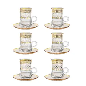 Gold Turkish Arabic Moroccan Tea Glasses Cups Teacup Set of 6 and Saucers Glassware Drinking Beverage Women Party Fancy Drinkware Style Vintage Persian Kitchen Decor Drinks