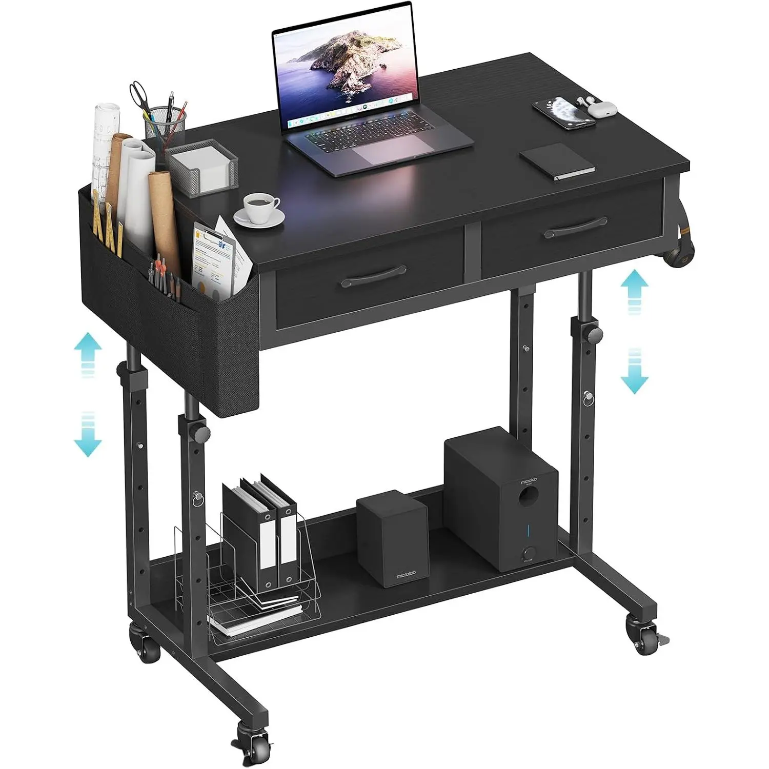 Small Portable Rolling Standing Desk - 32 Inch Adjustable Mobile Stand Up Teacher Desks with 2 Fabric Drawers on Wheels for Classroom, Couch Sofa Side Laptop Table with Storage for  Office, Black