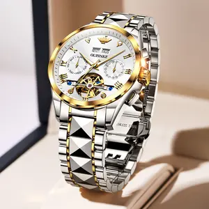 OUPINKE Mens Automatic Watch Diamond Skeleton Mechanical Self Winding Luxury Dress Wrist Watch Sapphire Crystal Tungsten 3186