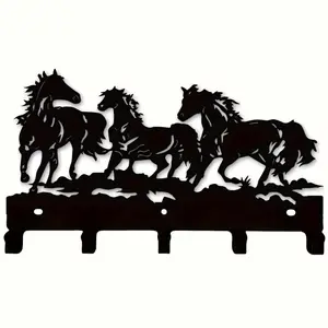 Vintage Cast Iron Triple Running Horses Wall Hook - 11cm/12.7cm Black Metal Key Holder, Easy to Install, Suitable for Living Room & Kitchen Decoration, Customizable Text, Practical Hook for Hanging Ornaments, Horse Decor