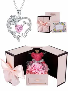 Rose Jewelry Gift Box with Heart Shape Flower Pendant Necklace, Elegant Necklace for Moms and Grandmas, Perfect Mother's Day and Christmas Gift