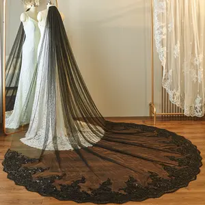 Gothic Black Bridal Veil with Scalloped Lace Hem - Extra Long Design for Unique Weddings - TikTok Trending Bride Style