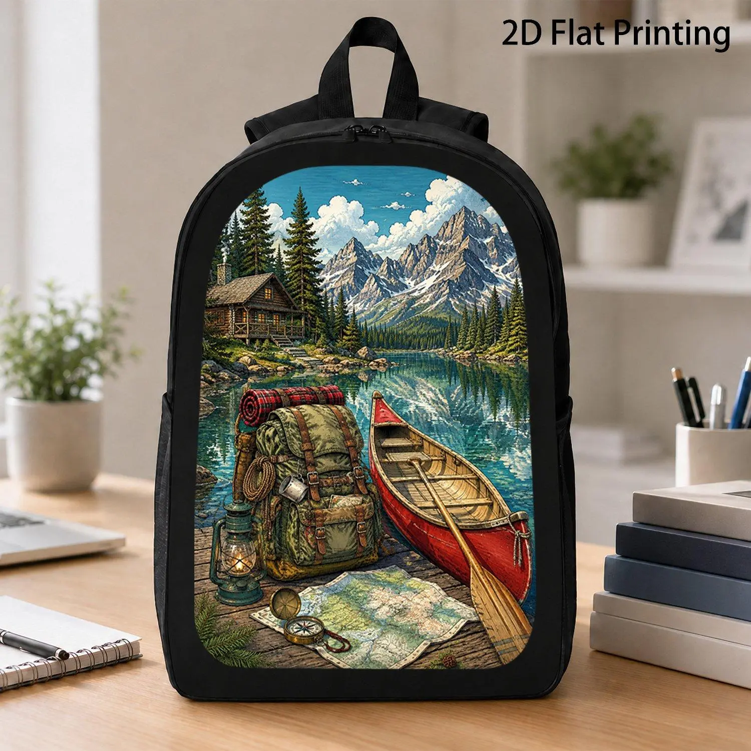 [17 Inch Backpack] 1pc Lake Cabin Canoe Wilderness Art Backpack Vintage Outdoor Explorer Backpack Mountain Nature Backpack For Camping Hiking Outdoor Adventures
