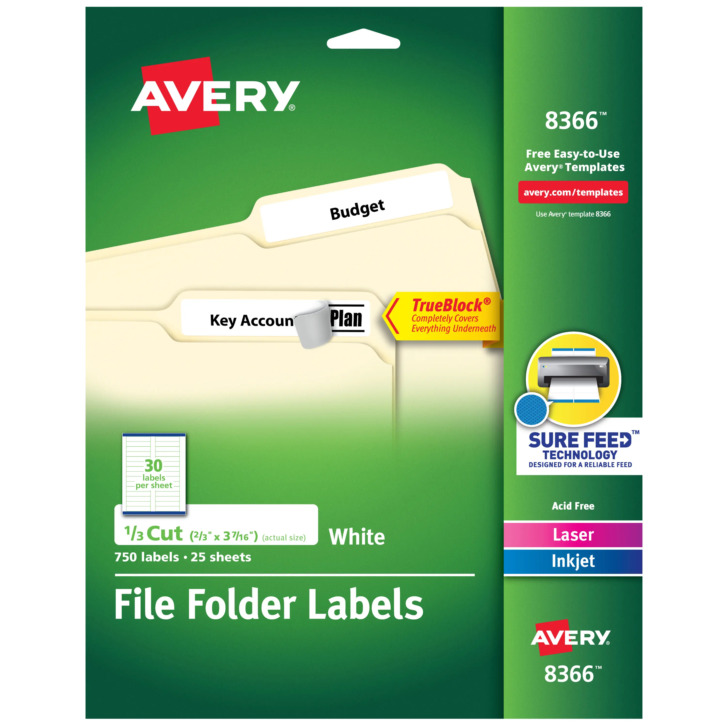 Avery File Folder Labels with TrueBlock Technology, Permanent Adhesive, 2/3"x3-7/16", Laser/Inkjet Compatible, 750 Labels (8366) for Home Office Binders, Bright White Background, Organizing Files Office Supplies