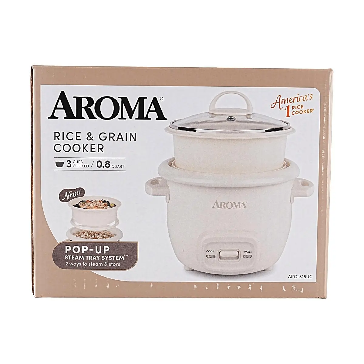 AROMA 3-Cup Mini Rice Cooker with Pop-Up Steamer Basket - 0.8QT Compact Multi-Cooker for Rice, Steaming, and More - One-Touch Operation, Keep Warm Function - Cream Color