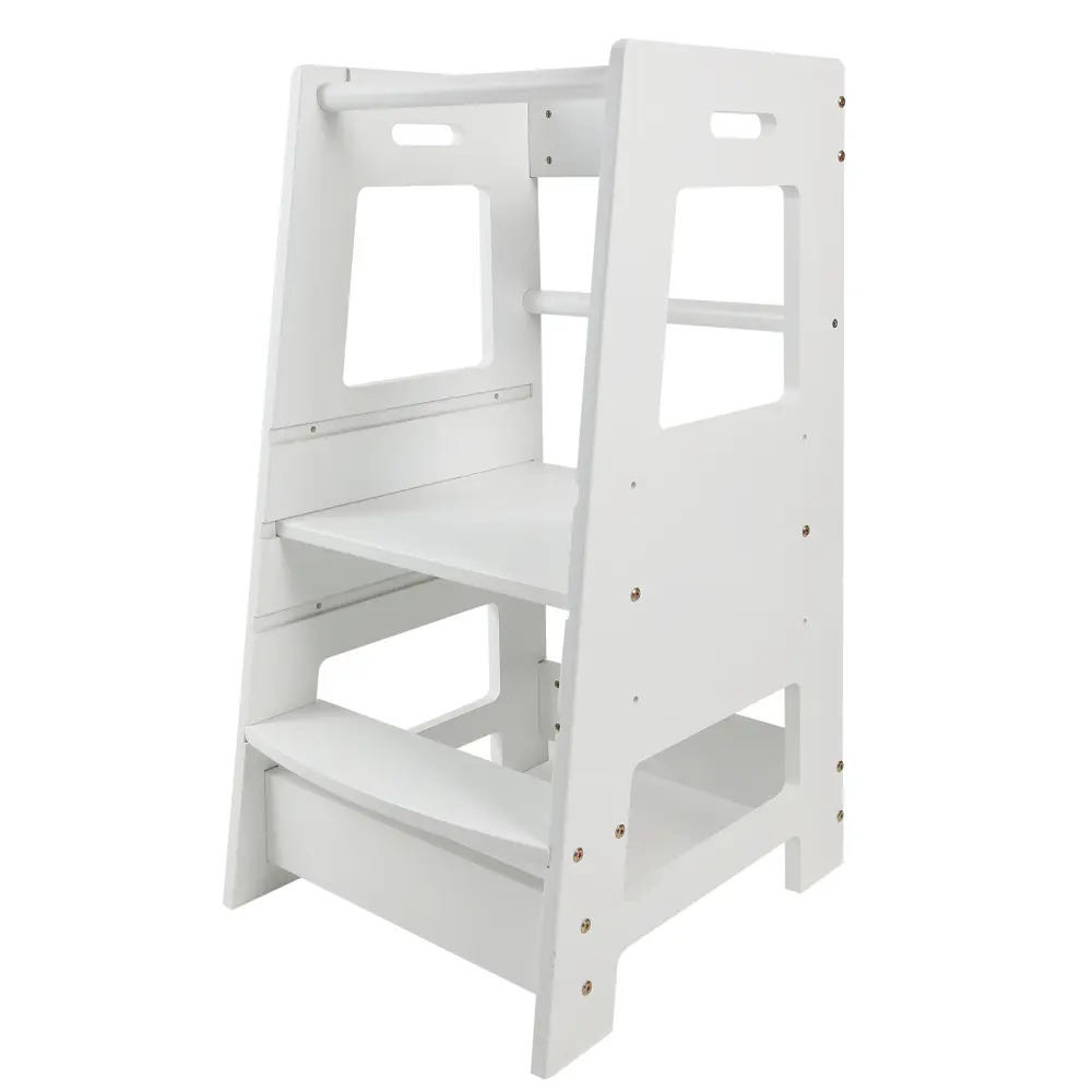 White Wooden Kids Kitchen Helper Stool with Safety Rail, Adjustable Height Toddler Learning Tower for Counter and Bathroom Sink Stand, CPC Certified