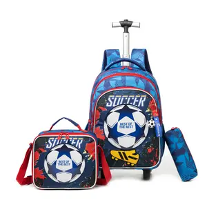 Kids Rolling Football Backpack for Boys Trolley Suitcases Luggage Travel with Wheels Bookbag Wheeled 17" 3PCS Roller Backpacks Toddler Tote Bag Back Pack School Bags Set Elementary Blue