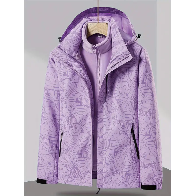 Female 3-in-1 Long Sleeve 100% Polyester Casual Outdoor Sports Jacket - Windproof, Warm Lapel Mountaineering Hiking Activewear with Detachable Hat, Do Not Dry Clean, Sporty Chic, Machine Washable, Wind-Resistant, Plant Print, Synthetics, Standard Sizes, S