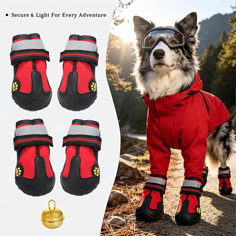 [4PCS] Waterproof Reflective Dog Boots with Non-Slip Soles and Adjustable Straps, Wear-Resistant Paw Protectors for Outdoor Walking Hiking, Comfortable Pet Shoes for Small to Large Dogs, Includes Bonus Pet Collar Bell